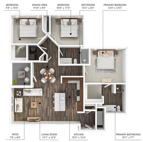 Floor plan for 3 beds, 2 baths, 1226 sqft